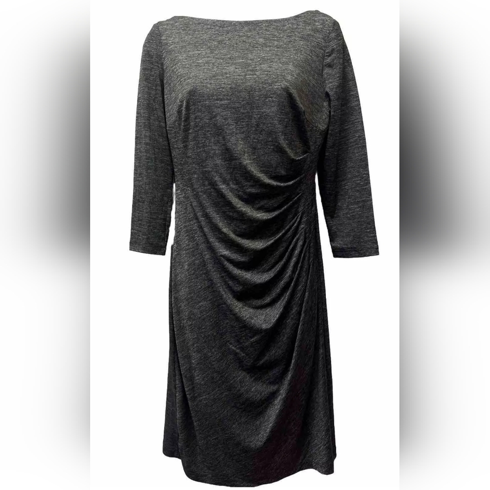Ralph Lauren Gray Knit Dress Size 16 Shirred Ruched Draped Front 3/4 Sleeves
